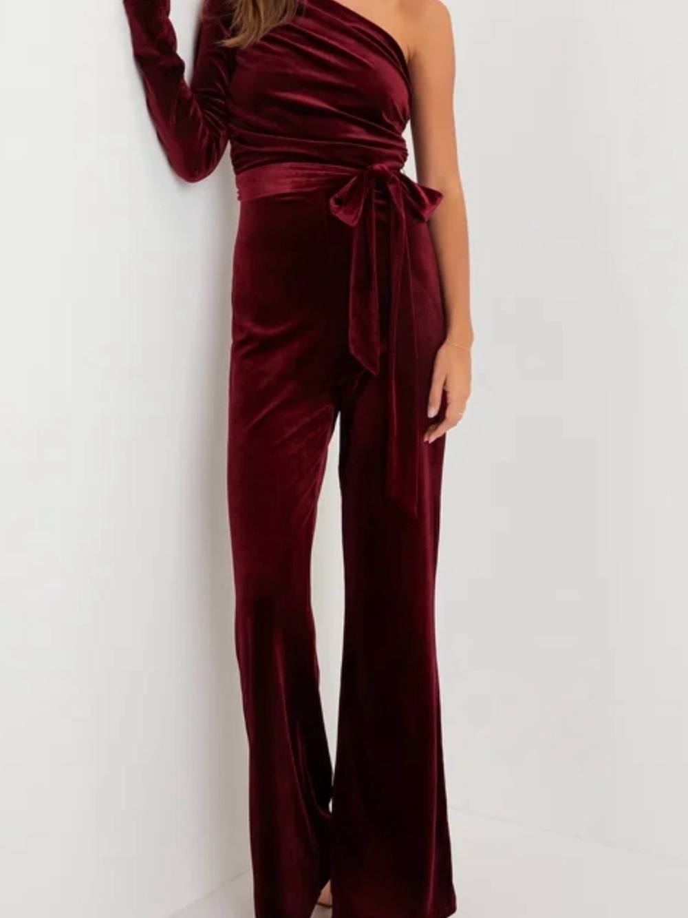 Lulu's Burgundy Velvet Long-Sleeve Wide-Leg Jumpsuit